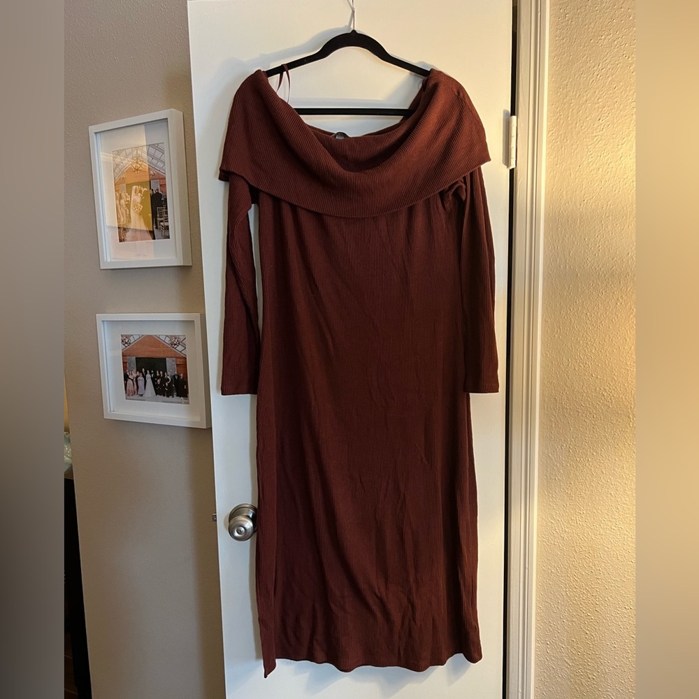 Loft Brown Off-shoulder Ribbed Dress